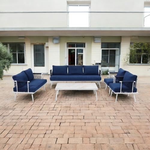 طقم جلسة كنب المنيوم خارجية 7 أشخاص قماش لون أزرق...