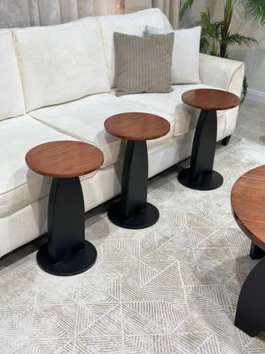 طقم طاولات ضيافة 7 قطع خشب سنديان وبني دائري وقاعد...