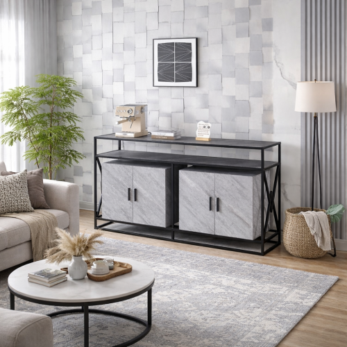 طاولة بوفية خشب قاعدة حديد لون رمادي