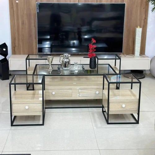 طقم طاولات ضيافة 5 قطع خشب فاتح بأدراج وسطح زجاجي