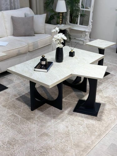 طقم طاولات 7 قطع بديل رخام وقاعدة سوداء مفرغة