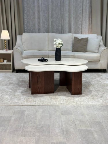 طقم طاولات 8 قطع رخامي أبيض وقواعد خشبية كلاسيكية