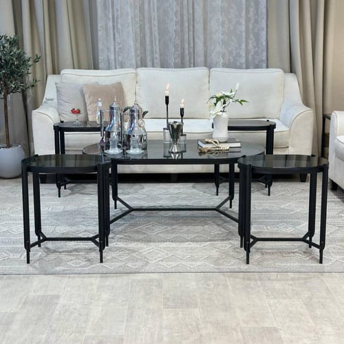 طقم طاولات ضيافة 5 قطع زجاج أسود وهيكل حديد أسود م...