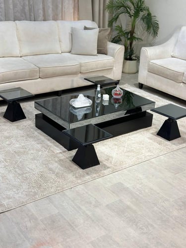 طقم طاولات ضيافة 5 قطع خشب سنديان أسود مستطيل بسطح...