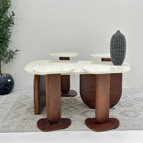 طقم طاولات ضيافة 5 قطع بديل رخام وقاعدة خشب سنديان...