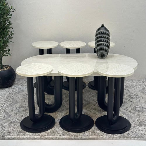طقم طاولات ضيافة 7 قطع بديل رخام وقاعدة خشب أسود ب...