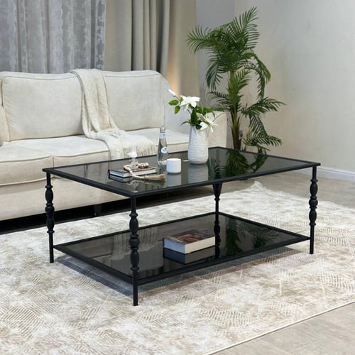 طقم طاولة ضيافة حديد أسود سطح زجاج أسود مع 4 خدمة