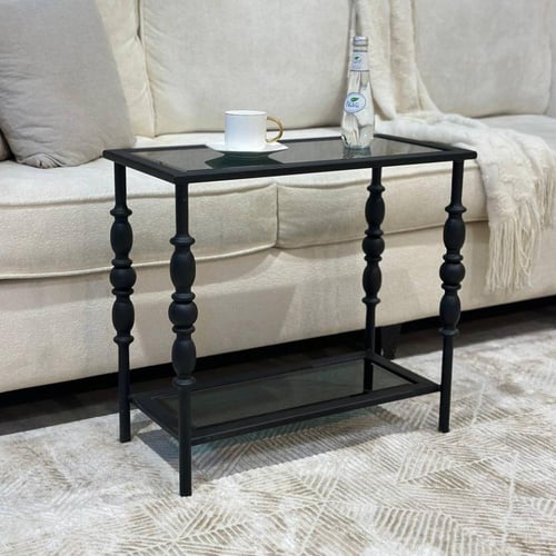 طقم طاولة ضيافة حديد أسود سطح زجاج أسود مع 4 خدمة