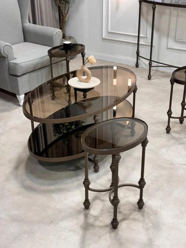 طقم طاولات 5 قطع زجاج برونزي وهيكل كلاسيكي