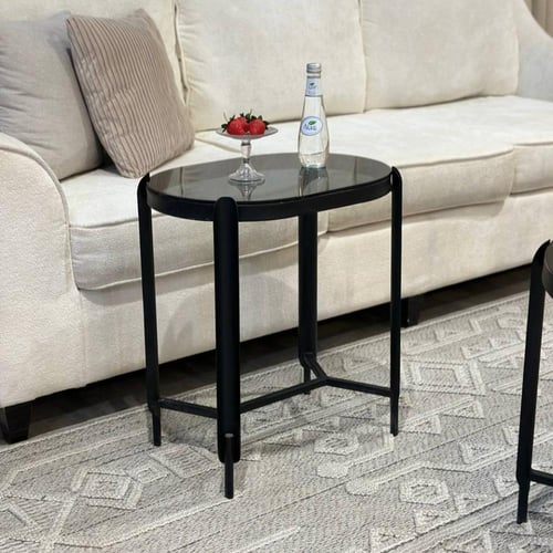 طقم طاولات ضيافة 5 قطع زجاج أسود وهيكل حديد أسود م...