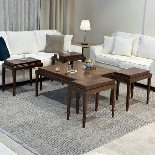 طقم طاولات 5 قطع خشبي بني وقاعدة كلاسيك