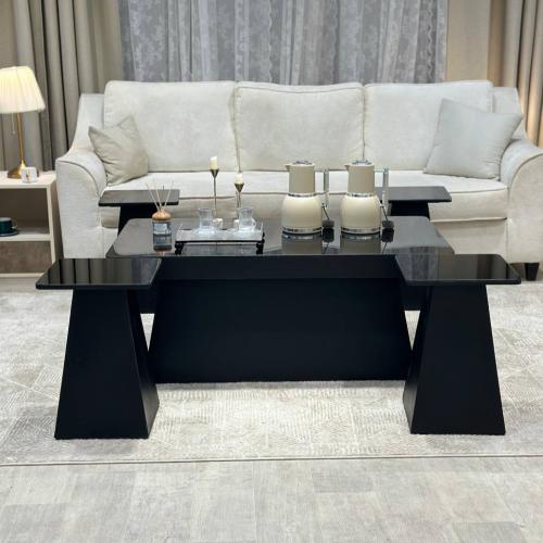 طقم طاولة ضيافة كنب خشب أسود سطح زجاج مرايا مع 4 ط...