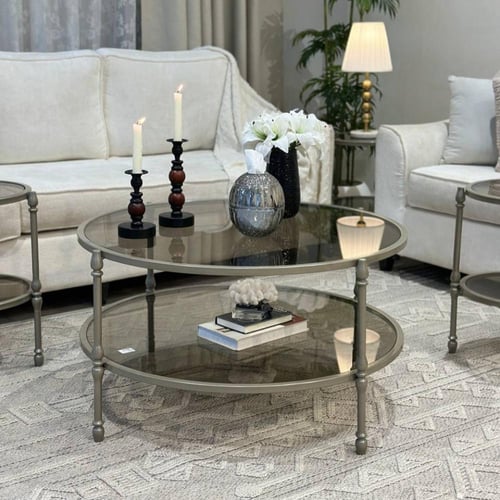 طقم طاولات ضيافة 5 قطع زجاج بني وهيكل شمباني دورين...