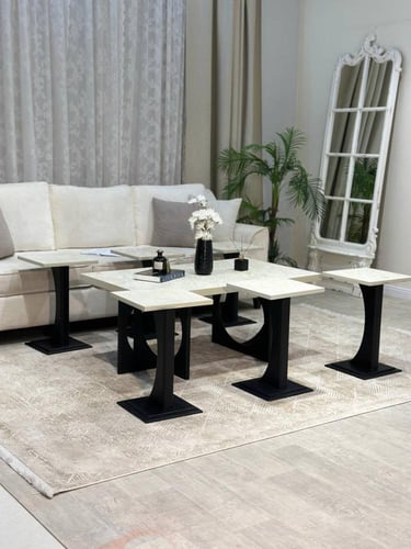 طقم طاولات 7 قطع بديل رخام وقاعدة سوداء مفرغة