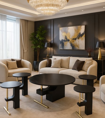 طقم طاولات 5 قطع خشبي أسود وهيكل ذهبي T