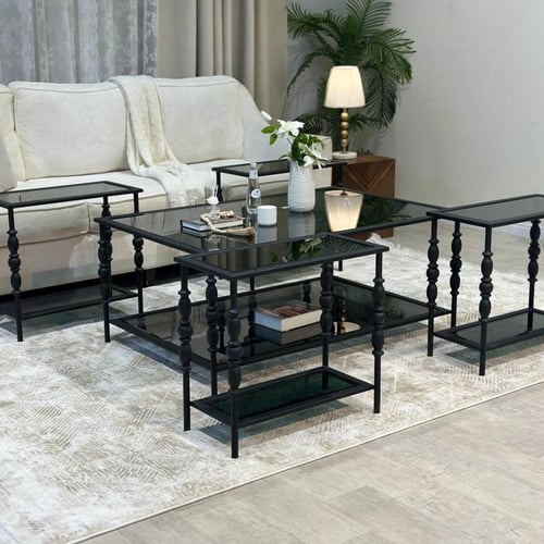 طقم طاولة ضيافة حديد أسود سطح زجاج أسود مع 4 خدمة