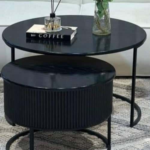 طقم طاولتين متداخلة حديد أسود سطح خشب سنديان أسود...