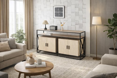 طاولة بوفية خشب قاعدة حديد لون رمادي