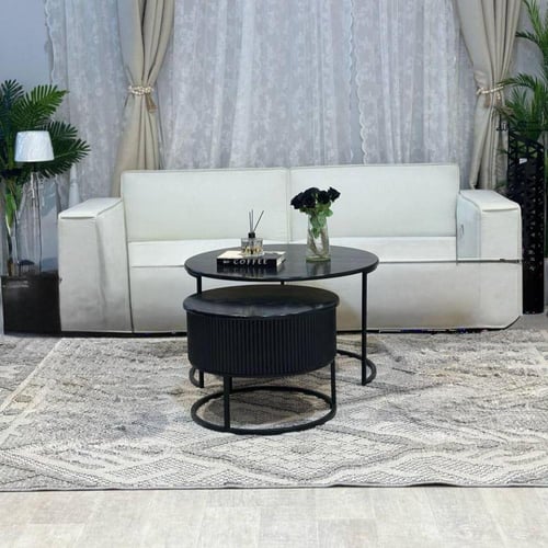 طقم طاولتين متداخلة حديد أسود سطح خشب سنديان أسود...