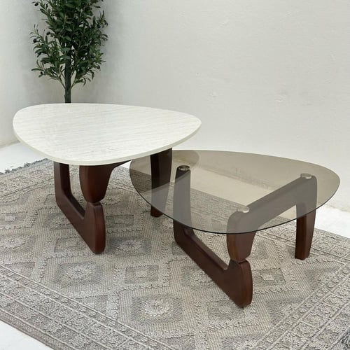 طقم طاولات ضيافة قطعتين بديل رخام وزجاج بقاعدة خشب...