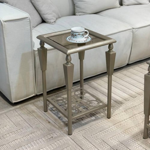 طقم طاولات ضيافة 5 قطع زجاج بني وهيكل شمباني مزخرف