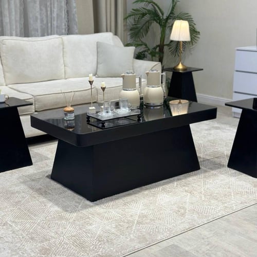 طقم طاولة ضيافة كنب خشب أسود سطح زجاج مرايا مع 4 ط...