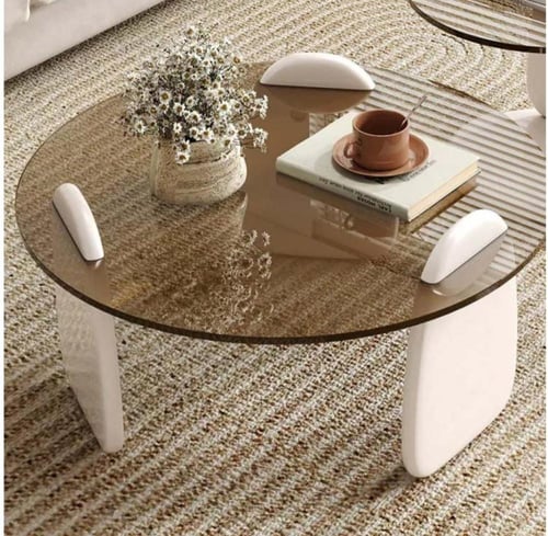 طقم طاولتين ضيافة خشب أبيض سطح زجاج دائري بني شفاف...