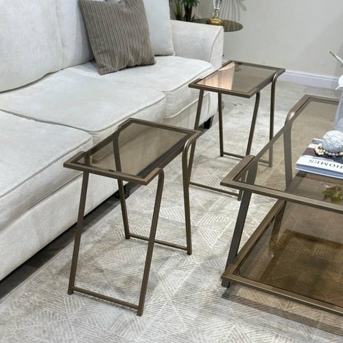 طقم طاولات ضيافة 5 قطع زجاج بني وقاعدة نحاسي مستطي...