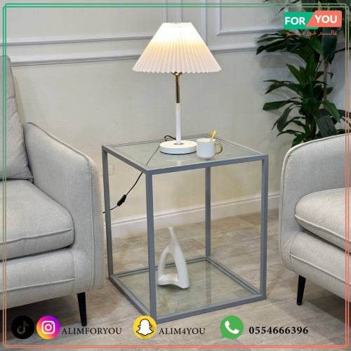 طاولة جانبية زجاج وحديد فضي 50x50x60 سم