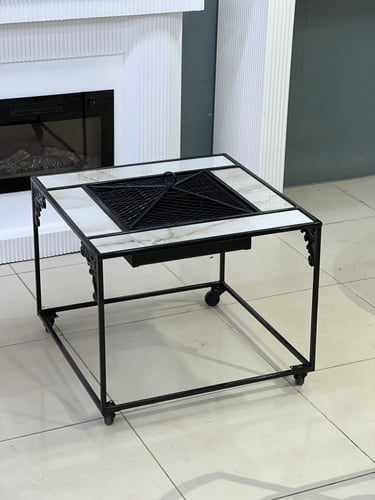 منقل شوي حديد مربع بكفرات متحرك لون اسود رخام ابيض...