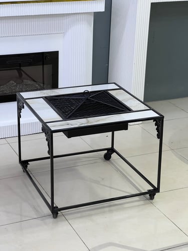 منقل شوي حديد مربع بكفرات متحرك لون اسود رخام ابيض...