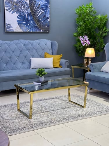 طاولة ضيافة زجاج وقواعد استيل ذهبي 120x60x49 سم