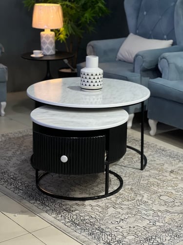 طقم طاولتين بدرج أسود سطح خشب شكل رخام TLl)