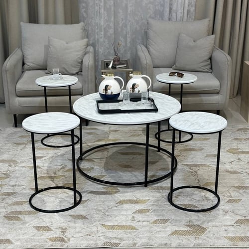 طقم طاولات ضيافة 5 قطع خشب شكل رخام وقاعدة أسود دا...