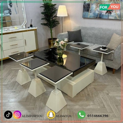 طقم طاولات ضيافة 7 قطع زجاج أسود وقواعد هرمية بيضا...