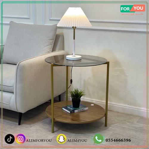 طاولة جانبية زجاج وحديد ذهبي وبني 50x50x60 سم