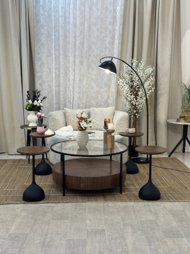 طقم طاولات ضيافة 5 قطع خشب قشرة جوز الهند دائري دو...