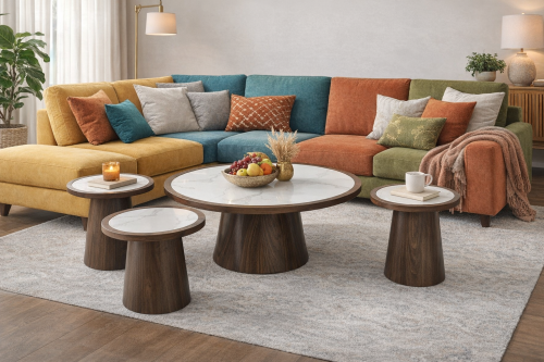 طقم طاولات شاي مودرن بسطح سيراميك أبيض وقاعدة خشب...