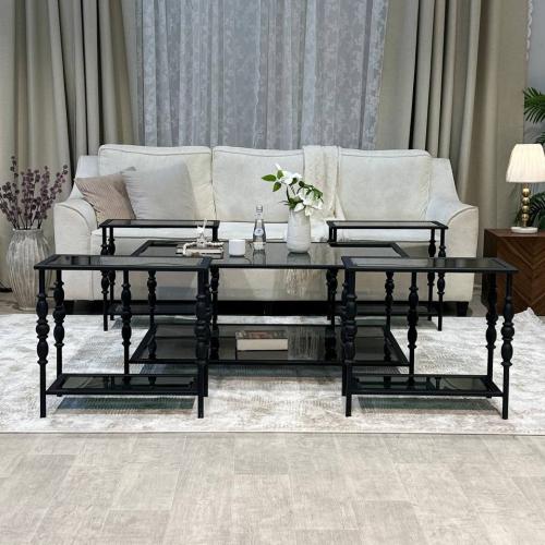 طقم طاولة ضيافة حديد أسود سطح زجاج أسود مع 4 خدمة