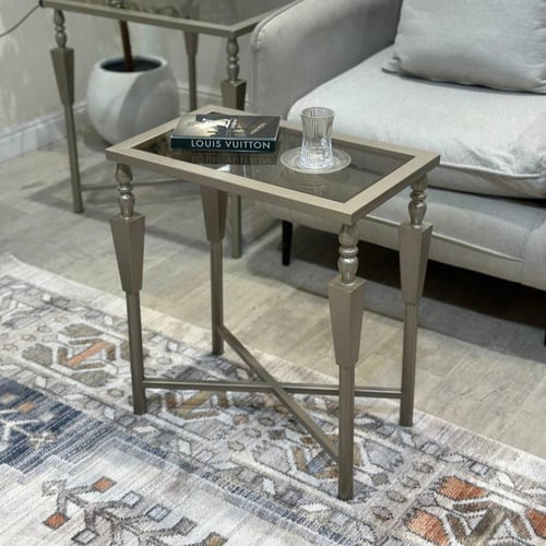 طقم طاولات ضيافة 5 قطع زجاج بني مستطيل وهيكل حديد...