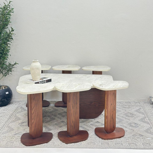 طقم طاولات ضيافة 7 قطع بديل حجر وقاعدة خشب سنديان...