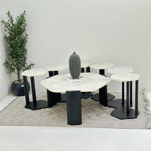 طقم طاولات ضيافة 7 قطع بديل حجر ملمس خشن وقاعدة أس...