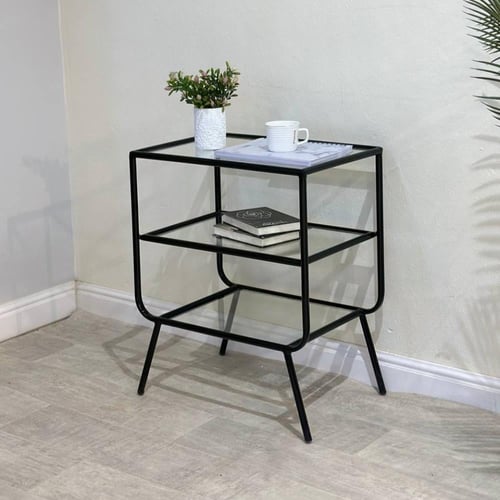طاولة جانبية حديد أسود وزجاج شفاف 50x35x60 سم