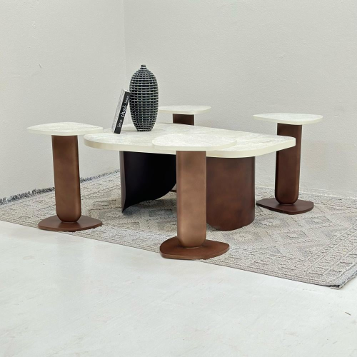 طقم طاولات ضيافة 7 قطع بديل حجر ملمس خشن وقاعدة بن...