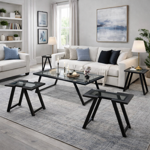 طقم طاولات أسود سطح زجاج