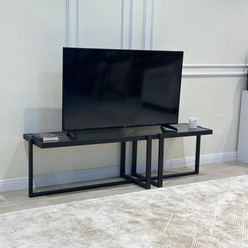 طاولة تلفزيون حديد أسود زجاج أسود شفاف TL