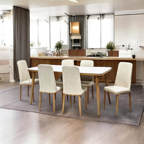 طاولة طعام رخام 6 كرسي لون بيج مطرز