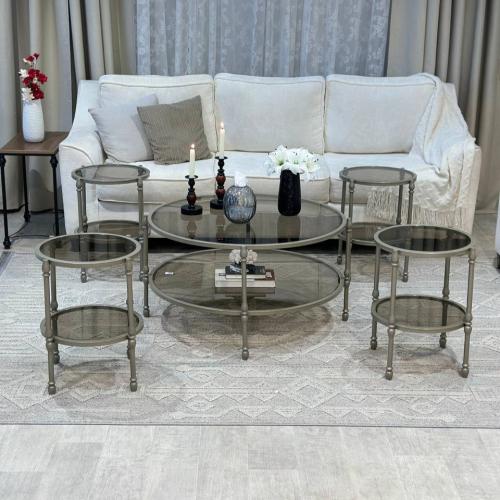 طقم طاولات ضيافة 5 قطع زجاج بني وهيكل شمباني دورين...