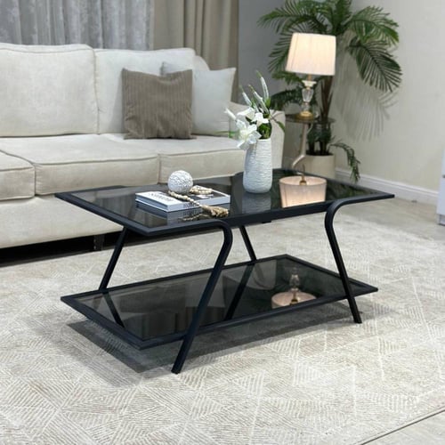 طقم طاولات ضيافة 5 قطع زجاج أسود وهيكل حديد مستطيل