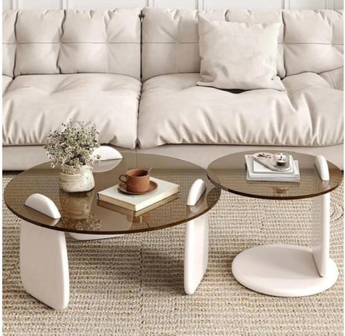 طقم طاولتين ضيافة خشب أبيض سطح زجاج دائري بني شفاف...